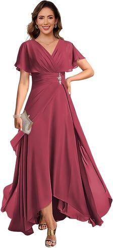 vintys Women's Chiffon Mother of The Bride Dresses with Sleeves V Neck A Line Formal Evening Dress VS210 in Saudi Arabia