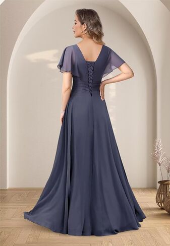 vintys Women's Chiffon Mother of The Bride Dresses with Sleeves V Neck A Line Formal Evening Dress VS210 in Saudi Arabia
