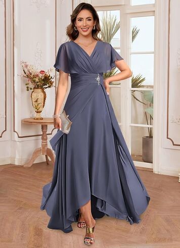 vintys Women's Chiffon Mother of The Bride Dresses with Sleeves V Neck A Line Formal Evening Dress VS210 in Saudi Arabia