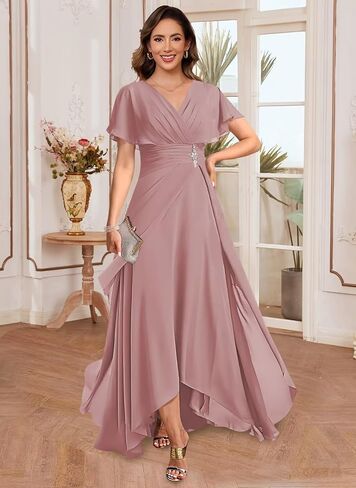 vintys Women's Chiffon Mother of The Bride Dresses with Sleeves V Neck A Line Formal Evening Dress VS210 in Saudi Arabia