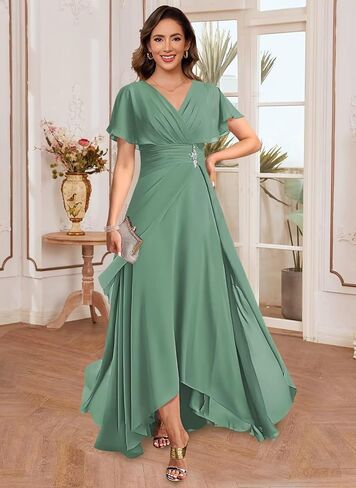 vintys Women's Chiffon Mother of The Bride Dresses with Sleeves V Neck A Line Formal Evening Dress VS210 in Saudi Arabia