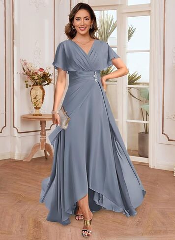 vintys Women's Chiffon Mother of The Bride Dresses with Sleeves V Neck A Line Formal Evening Dress VS210 in Saudi Arabia