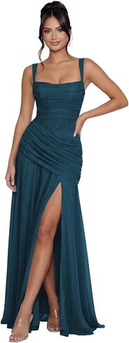 Square Neck Bridesmaid Dresses with Slit Pleated Spaghetti Strap Long Stretch Chiffon Formal Evening Gowns IMR045 in Saudi Arabia