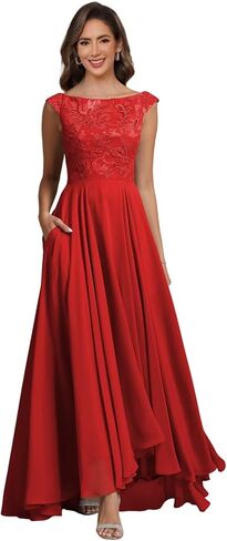 CuteMe Chiffon Mother of The Bride Dress for Women Scoop Neck Lace Formal Evening Dresses with Pockets CC025 in Saudi Arabia