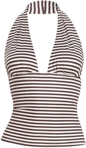 Striped Plunge Halter Crop Tops for Women Deep V Neck Backless Tank Shirts Y2k Sexy Slim Fit Sleeveless Cute Vest Bikini in Saudi Arabia