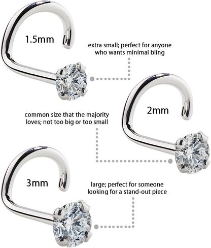 FreshTrends Cubic Zirconia Stud Nose Rings Twist - Nickel-Free 14K White Gold Nose Screw - 1.5mm, 2mm, 3mm 20 Gauge Nose Stud | Nose Ring Stud in 14K White Gold | 20G Nose Stud in Saudi Arabia