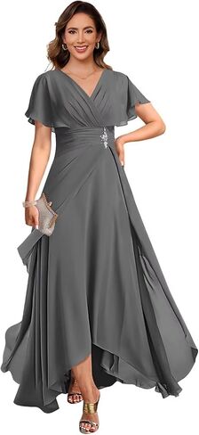 vintys Women's Chiffon Mother of The Bride Dresses with Sleeves V Neck A Line Formal Evening Dress VS210 in Saudi Arabia
