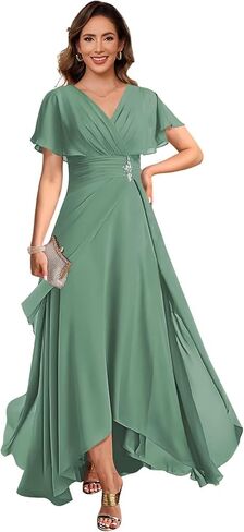 vintys Women's Chiffon Mother of The Bride Dresses with Sleeves V Neck A Line Formal Evening Dress VS210 in Saudi Arabia