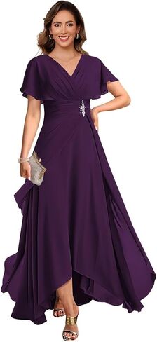 vintys Women's Chiffon Mother of The Bride Dresses with Sleeves V Neck A Line Formal Evening Dress VS210 in Saudi Arabia