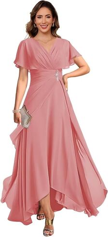 vintys Women's Chiffon Mother of The Bride Dresses with Sleeves V Neck A Line Formal Evening Dress VS210 in Saudi Arabia