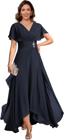 vintys Women's Chiffon Mother of The Bride Dresses with Sleeves V Neck A Line Formal Evening Dress VS210 in Saudi Arabia