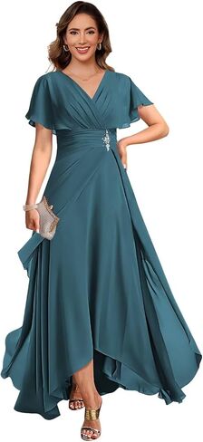 vintys Women's Chiffon Mother of The Bride Dresses with Sleeves V Neck A Line Formal Evening Dress VS210 in Saudi Arabia