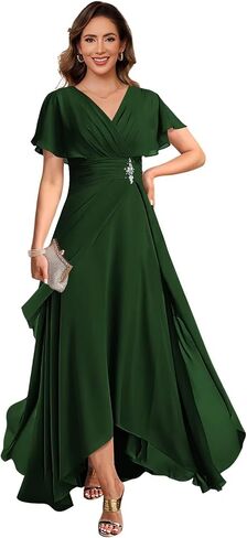 vintys Women's Chiffon Mother of The Bride Dresses with Sleeves V Neck A Line Formal Evening Dress VS210 in Saudi Arabia