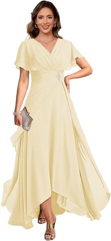 vintys Women's Chiffon Mother of The Bride Dresses with Sleeves V Neck A Line Formal Evening Dress VS210 in Saudi Arabia