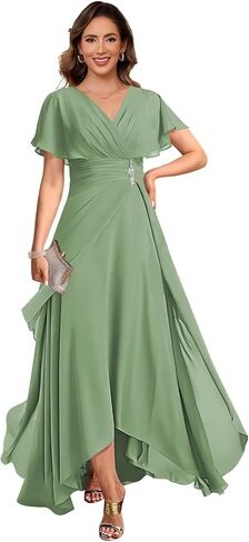 vintys Women's Chiffon Mother of The Bride Dresses with Sleeves V Neck A Line Formal Evening Dress VS210 in Saudi Arabia