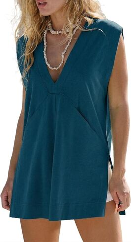 Women's Summer Tops Plunging V Neck Sleeveless Long Tunic Tops Casual Loose Fit Side Slit Boxy T Shirts in Saudi Arabia