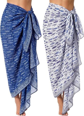 2 Pcs Blue Fish Print Women Sarong Swimsuit Cover up Indian Block Print Long Pareo Beach Wrap Chiffon Swimwear Bikini Suit Wrap Skirt Summer Outfits 44"x72" in Saudi Arabia