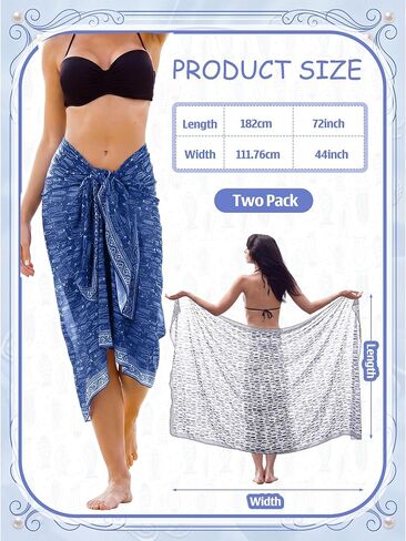 2 Pcs Blue Fish Print Women Sarong Swimsuit Cover up Indian Block Print Long Pareo Beach Wrap Chiffon Swimwear Bikini Suit Wrap Skirt Summer Outfits 44"x72" in Saudi Arabia