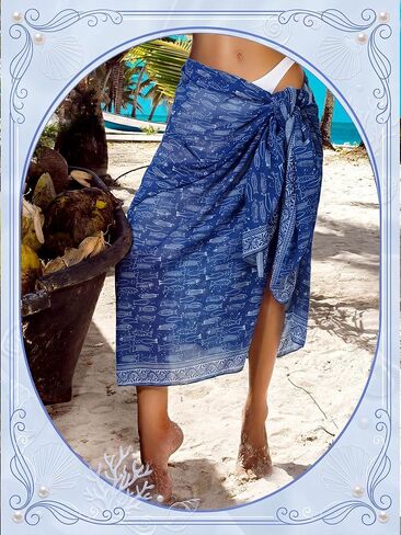 2 Pcs Blue Fish Print Women Sarong Swimsuit Cover up Indian Block Print Long Pareo Beach Wrap Chiffon Swimwear Bikini Suit Wrap Skirt Summer Outfits 44"x72" in Saudi Arabia