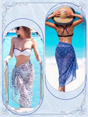 2 Pcs Blue Fish Print Women Sarong Swimsuit Cover up Indian Block Print Long Pareo Beach Wrap Chiffon Swimwear Bikini Suit Wrap Skirt Summer Outfits 44"x72" in Saudi Arabia