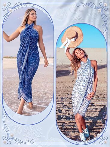 2 Pcs Blue Fish Print Women Sarong Swimsuit Cover up Indian Block Print Long Pareo Beach Wrap Chiffon Swimwear Bikini Suit Wrap Skirt Summer Outfits 44"x72" in Saudi Arabia