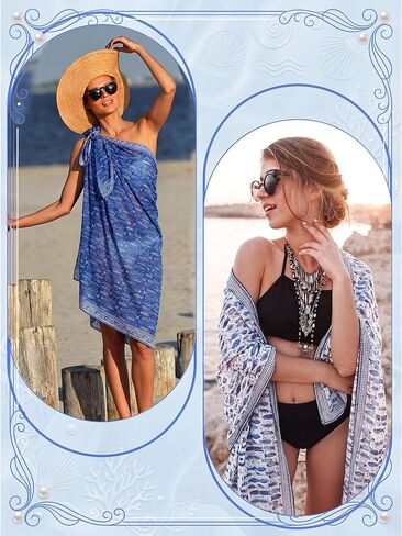 2 Pcs Blue Fish Print Women Sarong Swimsuit Cover up Indian Block Print Long Pareo Beach Wrap Chiffon Swimwear Bikini Suit Wrap Skirt Summer Outfits 44"x72" in Saudi Arabia