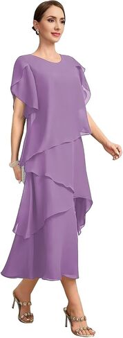 Scoop Neck Tiered Mother of the Bride Dresses Chiffon Tea Length Formal Evening Dress with Sleeves AS065 in Saudi Arabia
