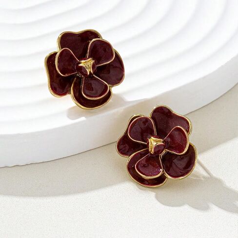 Women's Burgundy Flower Post Earrings: Fashionable Alloy Maroon Floral Stud Earrings for Parties, Dates, Daily Commutes & Casual Vacations in Kuwait