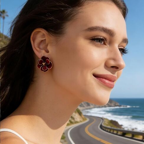 Women's Burgundy Flower Post Earrings: Fashionable Alloy Maroon Floral Stud Earrings for Parties, Dates, Daily Commutes & Casual Vacations in Kuwait