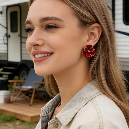Women's Burgundy Flower Post Earrings: Fashionable Alloy Maroon Floral Stud Earrings for Parties, Dates, Daily Commutes & Casual Vacations in Kuwait