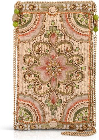 Mary Frances Gentle Touch Crossbody Phone Bag – Removable Beaded Chain Strap, Top Magnetic & Side Zipper Compartments, Floral Beaded Design, Vintage-Inspired, Multi in Kuwait