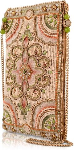 Mary Frances Gentle Touch Crossbody Phone Bag – Removable Beaded Chain Strap, Top Magnetic & Side Zipper Compartments, Floral Beaded Design, Vintage-Inspired, Multi in Kuwait
