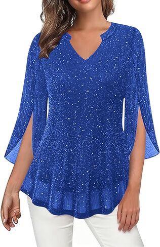 Sparkly 3/4 Sleeve Tops for Women Dressy Casual V Neck Blouses Sequin Shirts Glitter Elegant Cocktail Party Blouse in Saudi Arabia