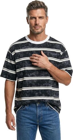 Keyocean Men's Cotton T-Shirts Casual Distressed Striped Shirt Short Sleeve Soft Knit Tees in Saudi Arabia