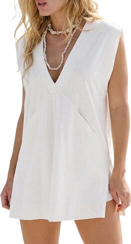 Women's Summer Tops Plunging V Neck Sleeveless Long Tunic Tops Casual Loose Fit Side Slit Boxy T Shirts in Saudi Arabia