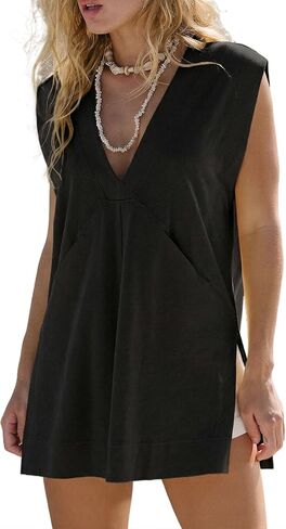 Women's Summer Tops Plunging V Neck Sleeveless Long Tunic Tops Casual Loose Fit Side Slit Boxy T Shirts in Saudi Arabia