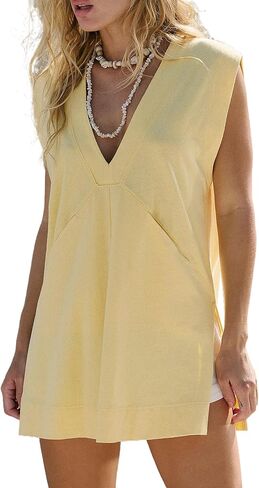 Women's Summer Tops Plunging V Neck Sleeveless Long Tunic Tops Casual Loose Fit Side Slit Boxy T Shirts in Saudi Arabia