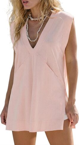 Women's Summer Tops Plunging V Neck Sleeveless Long Tunic Tops Casual Loose Fit Side Slit Boxy T Shirts in Saudi Arabia