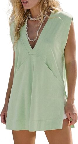 Women's Summer Tops Plunging V Neck Sleeveless Long Tunic Tops Casual Loose Fit Side Slit Boxy T Shirts in Saudi Arabia