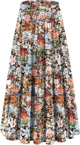 onlypuff Maxi Skirt for Women Floral Chiffon Boho Long Skirts Flowy Pleated Western Midi Skirt A Line High Waisted Tiered Trendy Outfit Coffee Floral XL in Saudi Arabia