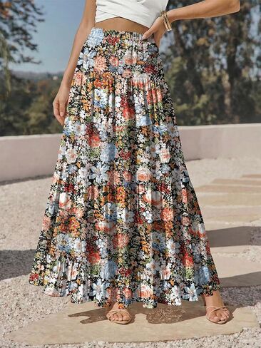 onlypuff Maxi Skirt for Women Floral Chiffon Boho Long Skirts Flowy Pleated Western Midi Skirt A Line High Waisted Tiered Trendy Outfit Coffee Floral XL in Saudi Arabia