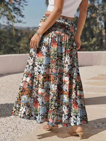 onlypuff Maxi Skirt for Women Floral Chiffon Boho Long Skirts Flowy Pleated Western Midi Skirt A Line High Waisted Tiered Trendy Outfit Coffee Floral XL in Saudi Arabia