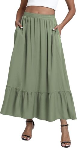 EXCHIC Women's Flowy Boho Maxi Skirt Elastic Waist A-Line Flared Ruffle Long Skirts with Pockets in Kuwait
