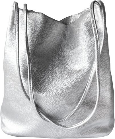 Large Silver Leather Tote Bag for Women, Metallic Silver Shoulder Hobo, Large Capacity Work Shopping Travel Purse in Saudi Arabia