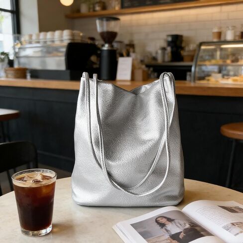 Large Silver Leather Tote Bag for Women, Metallic Silver Shoulder Hobo, Large Capacity Work Shopping Travel Purse in Saudi Arabia