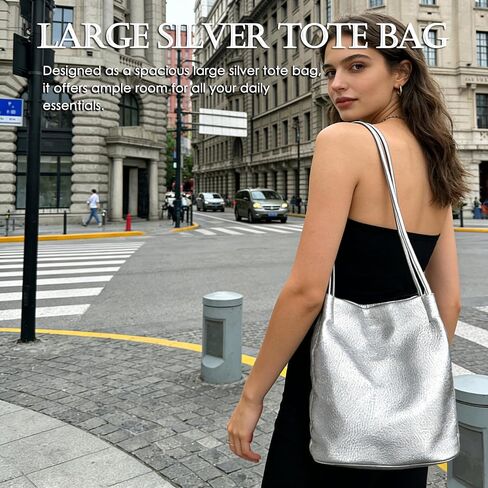 Large Silver Leather Tote Bag for Women, Metallic Silver Shoulder Hobo, Large Capacity Work Shopping Travel Purse in Saudi Arabia