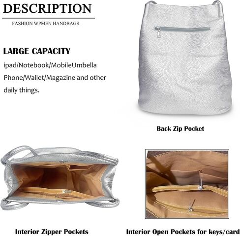 Large Silver Leather Tote Bag for Women, Metallic Silver Shoulder Hobo, Large Capacity Work Shopping Travel Purse in Saudi Arabia