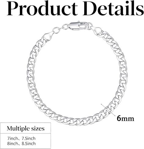 925 Sterling Silver Cuban Link Chain Bracelet for Men Exquisite and Durable 6 mm Wide, 7 to 8.5 IN, Jewelry Gifts for Men Father Brother in Saudi Arabia