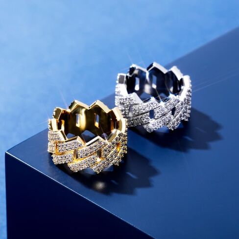 Solid Gold over S925 Sterling Silver Cuban-Shaped Moissanite Ring, Densely Set Hip-Hop Men's Ring, For the Man Who Defines Style in Saudi Arabia