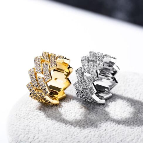 Solid Gold over S925 Sterling Silver Cuban-Shaped Moissanite Ring, Densely Set Hip-Hop Men's Ring, For the Man Who Defines Style in Saudi Arabia